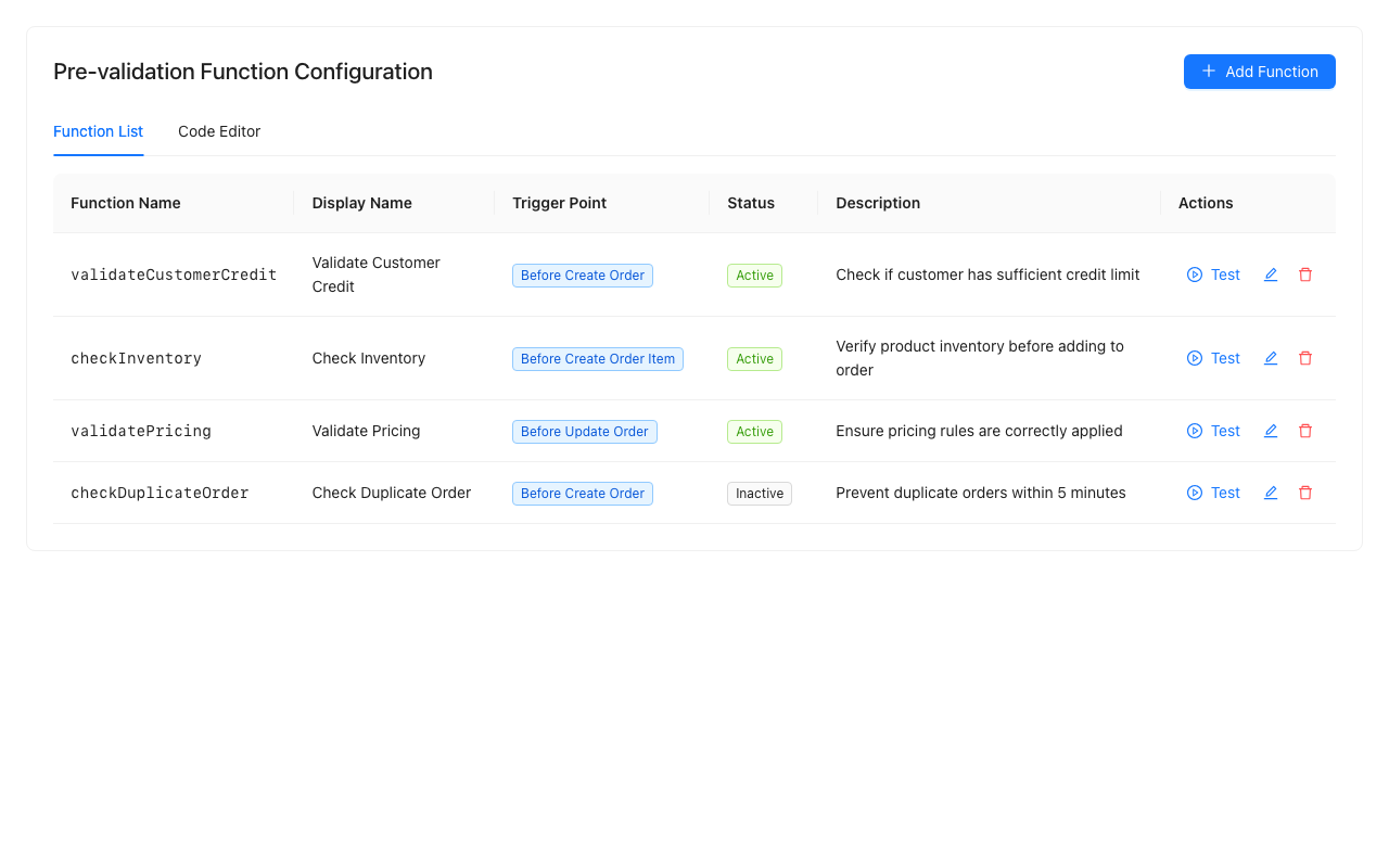 Pre-validation Function Configuration